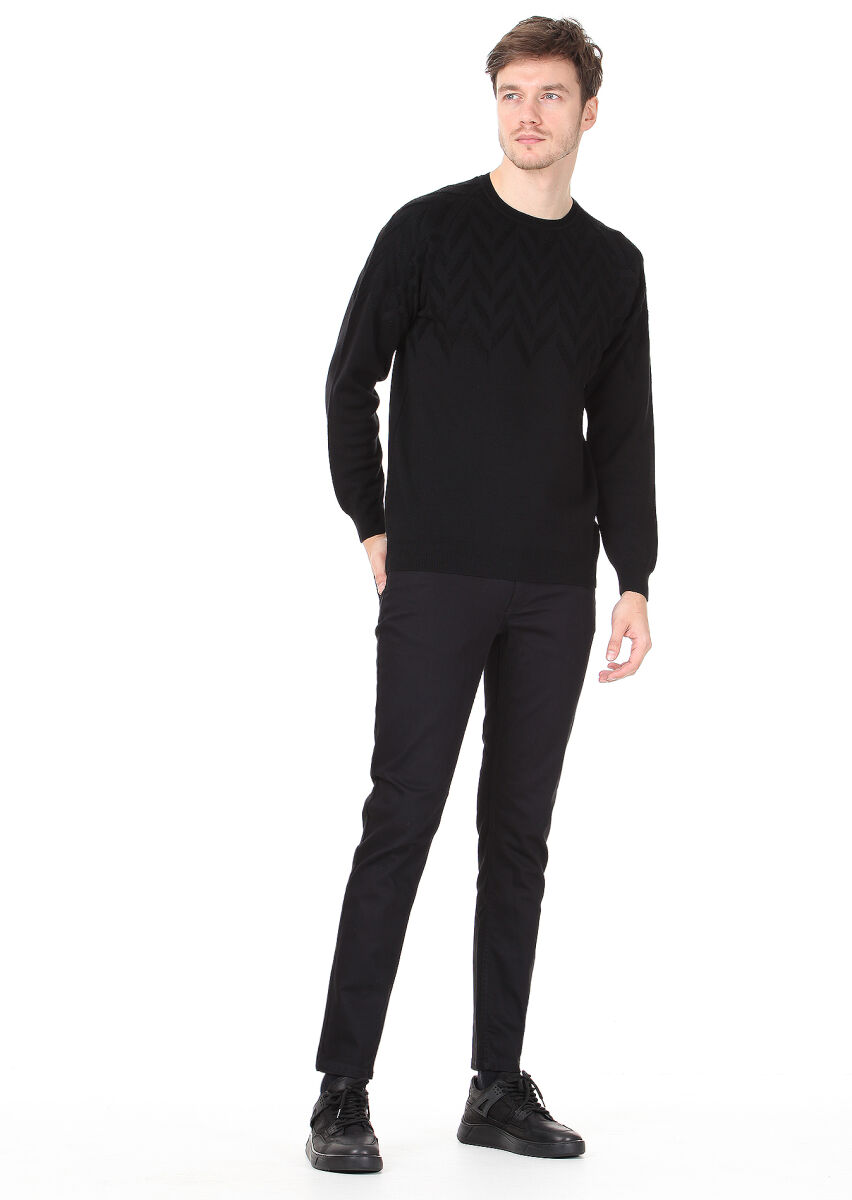 Siyah Jakarlı Yün Karışımlı Triko Kazak - 3