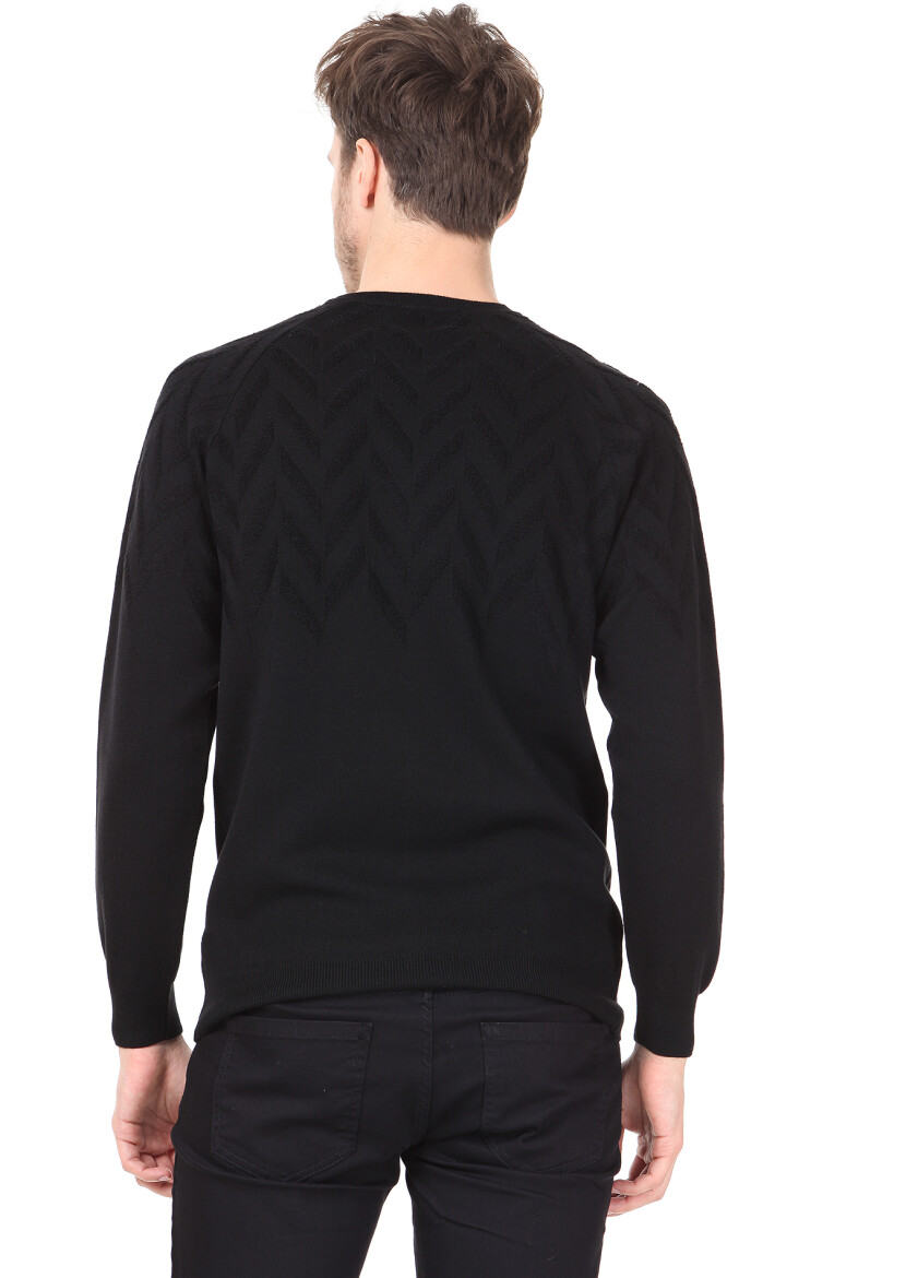 Siyah Jakarlı Yün Karışımlı Triko Kazak - 4