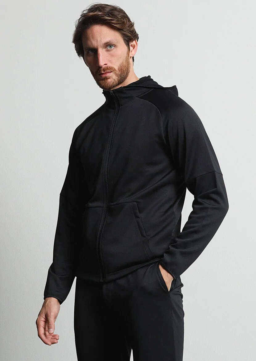 Siyah Kapüşonlu Düz Sweatshırt - 2