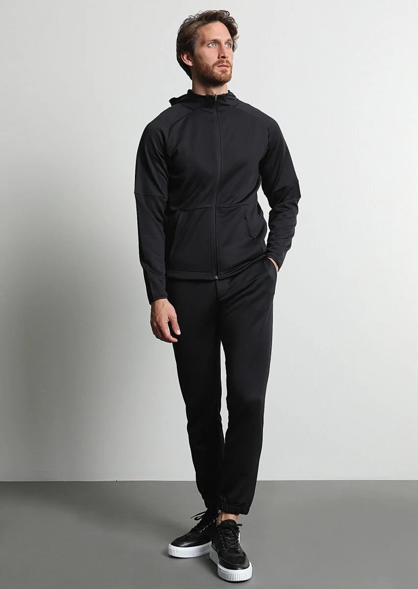 Siyah Kapüşonlu Düz Sweatshırt - 4