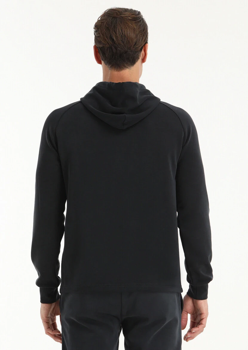 Siyah Kapüşonlu Düz Sweatshırt - 5