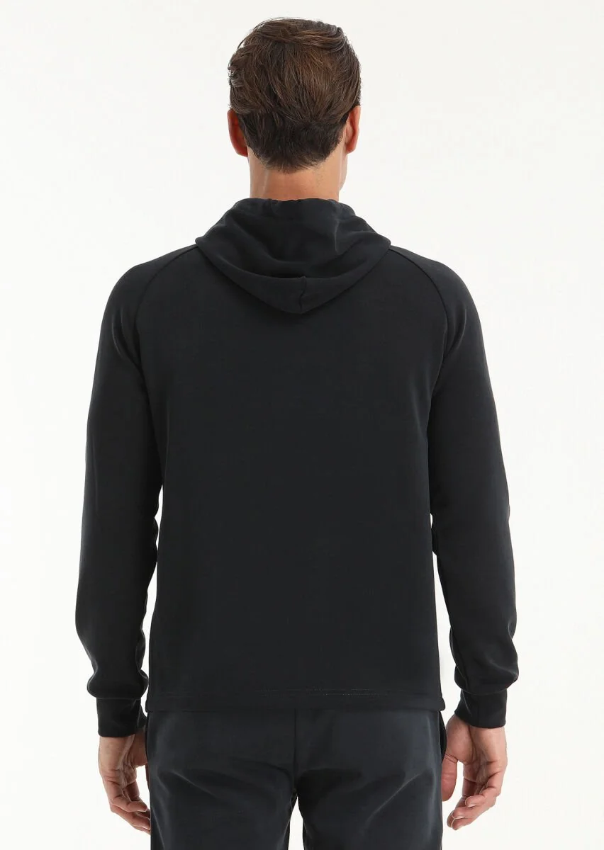 Siyah Kapüşonlu Düz Sweatshırt - 5