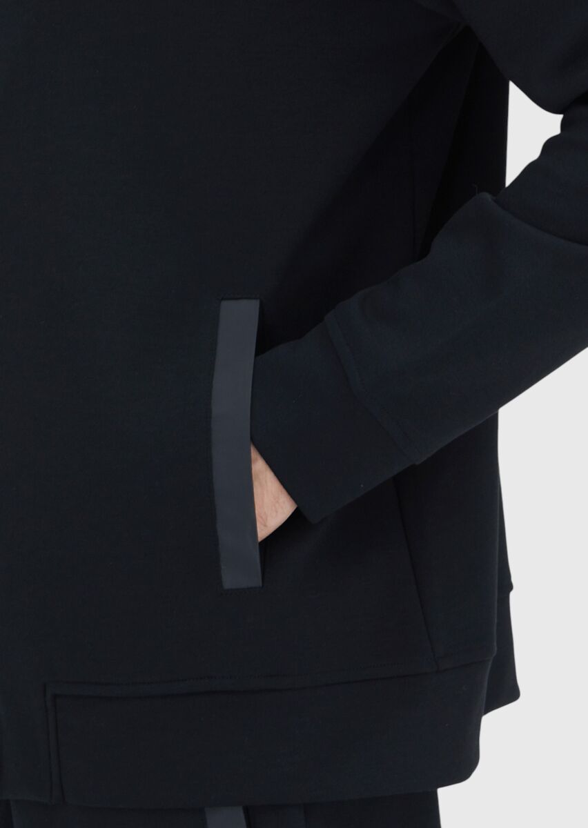 Siyah Kapüşonlu Düz Sweatshırt - 5
