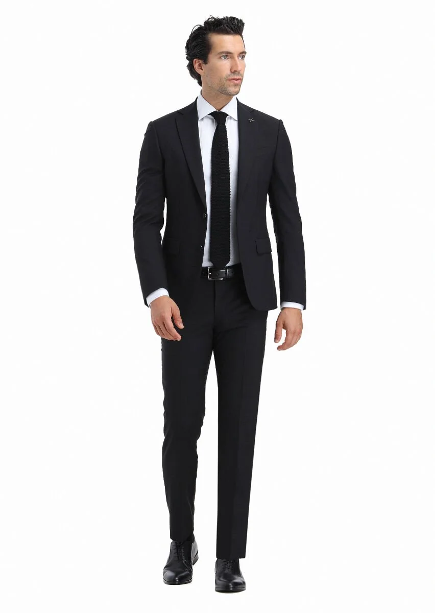 Siyah Kareli Modern Fit %100 Yün Takım Elbise - 1