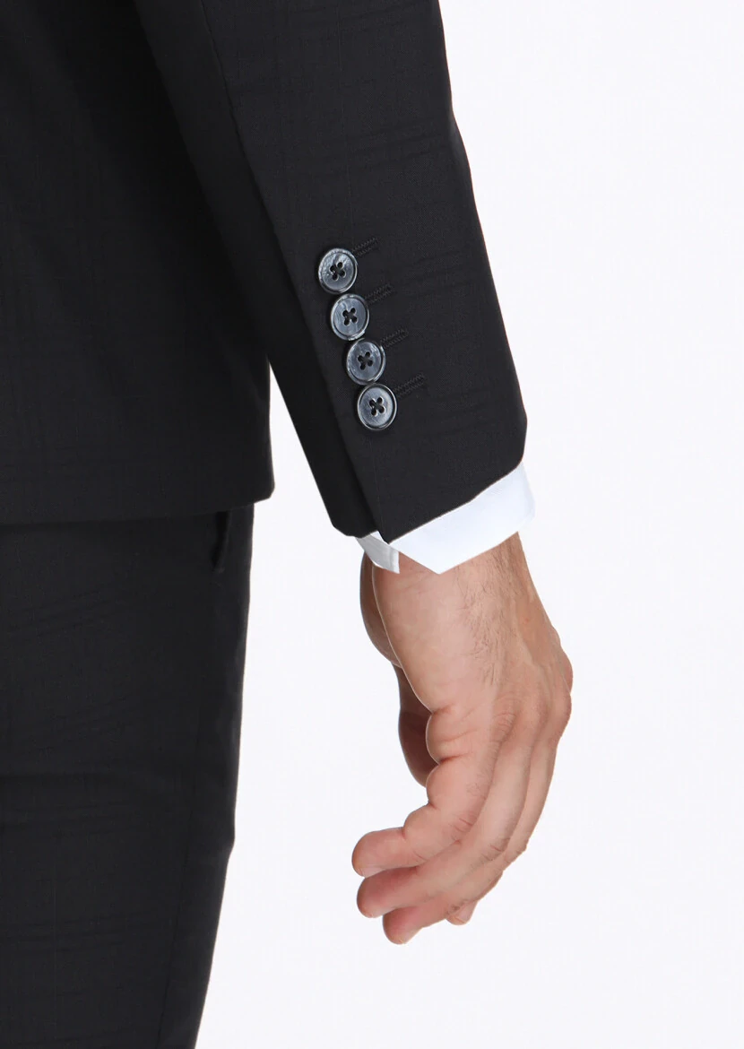 Siyah Kareli Modern Fit %100 Yün Takım Elbise - 5