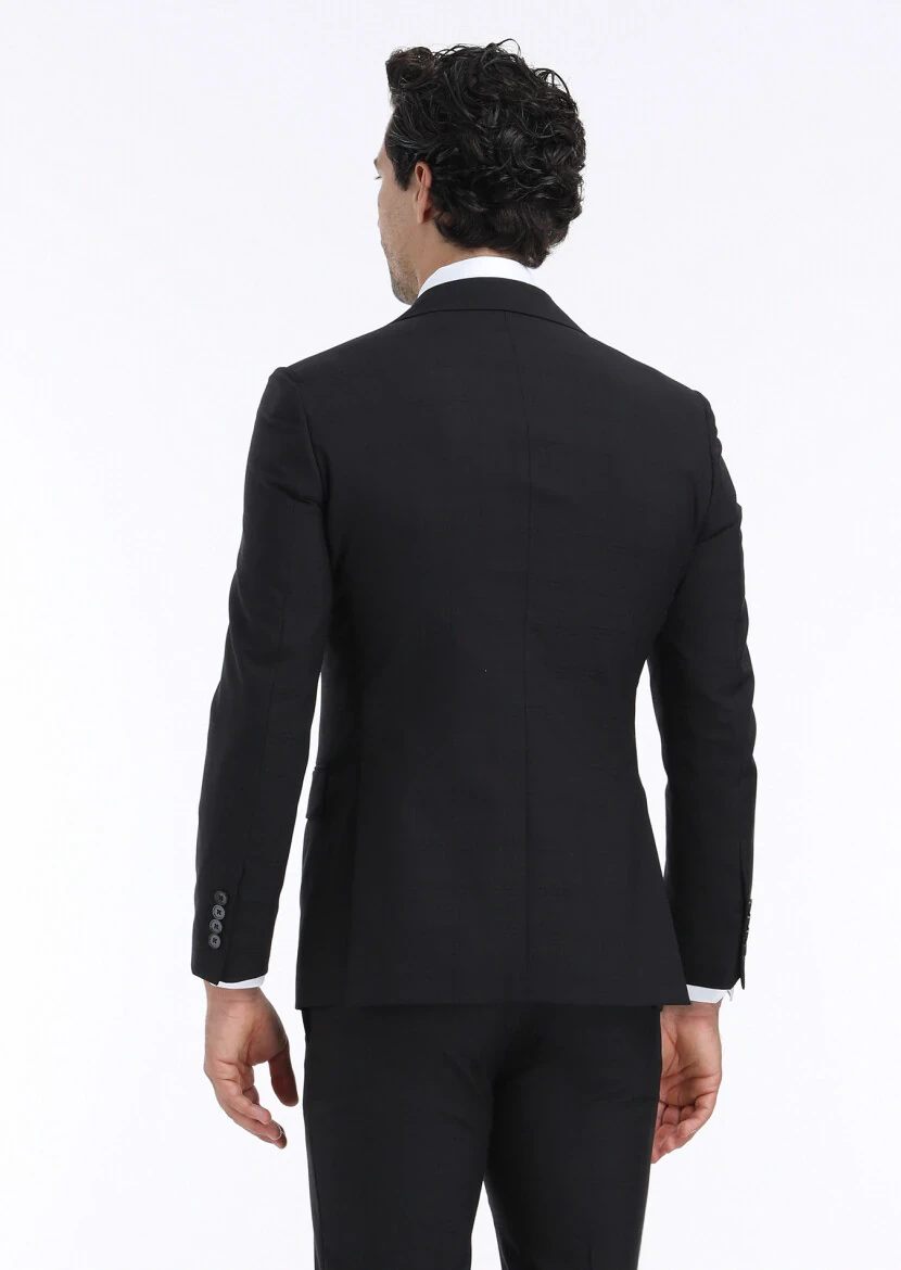 Siyah Kareli Modern Fit %100 Yün Takım Elbise - 6