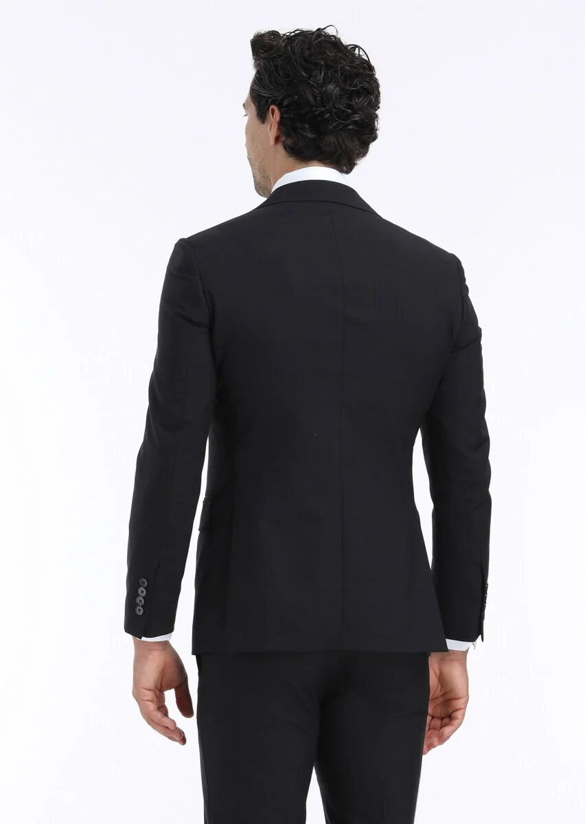 Siyah Kareli Modern Fit %100 Yün Takım Elbise - 6