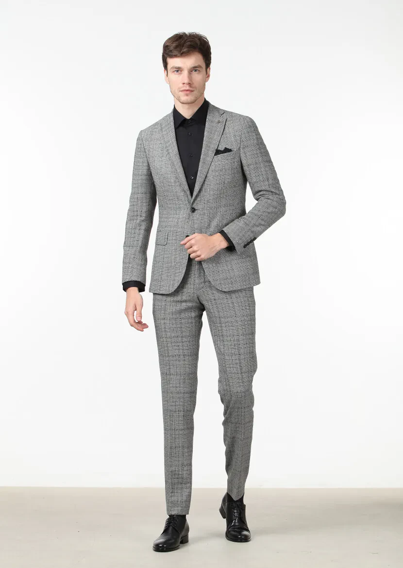 Siyah Kareli Zeroweight Slim Fit %100 Yün Takım Elbise - 1