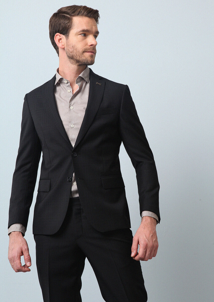 Siyah Kareli Zeroweight Slim Fit %100 Yün Takım Elbise - 2