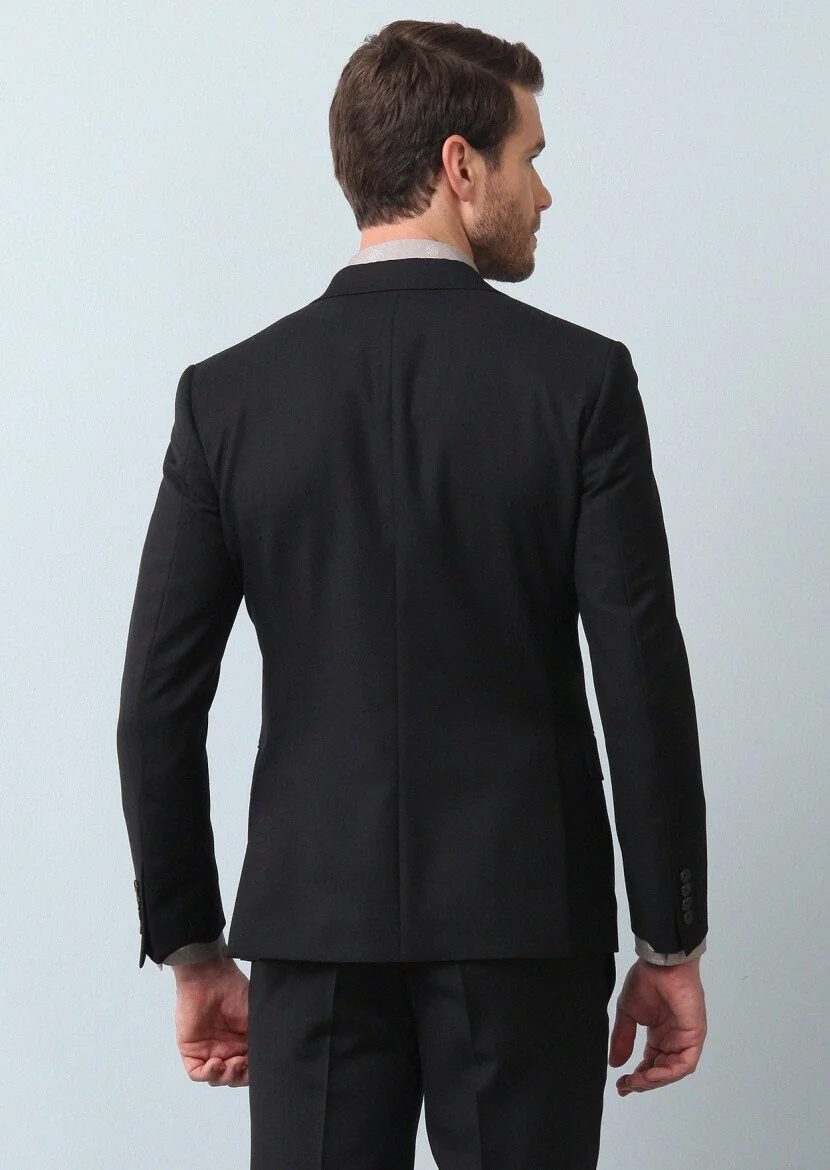 Siyah Kareli Zeroweight Slim Fit %100 Yün Takım Elbise - 5