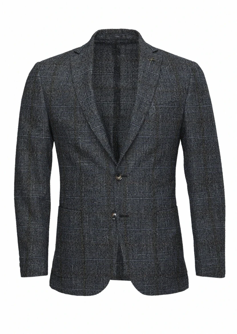 Siyah Kareli Zeroweight Slim Fit Yün Karışımlı Ceket - 1
