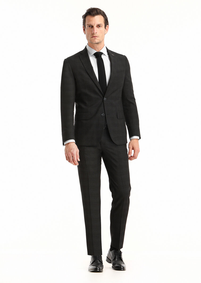 Siyah Kareli Zeroweight Slim Fit Yün Karışımlı Takım Elbise - 1