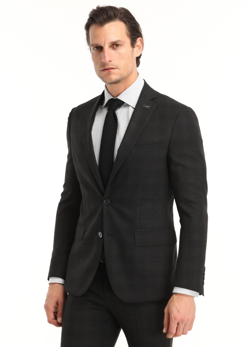 Siyah Kareli Zeroweight Slim Fit Yün Karışımlı Takım Elbise - 2