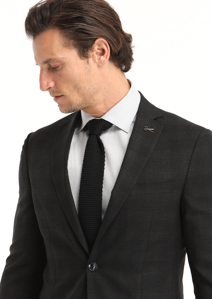 Siyah Kareli Zeroweight Slim Fit Yün Karışımlı Takım Elbise - 3