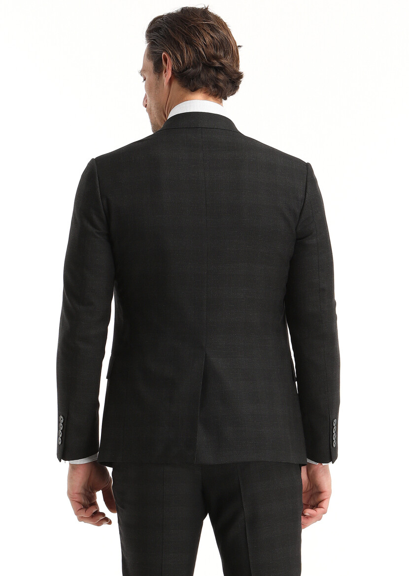 Siyah Kareli Zeroweight Slim Fit Yün Karışımlı Takım Elbise - 4