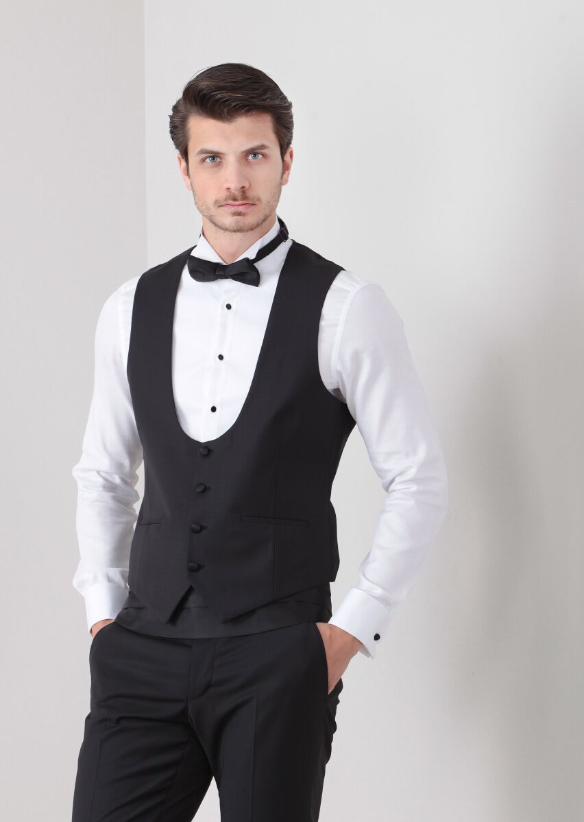 Siyah Kelebek Yaka Klasik Yelek - 1