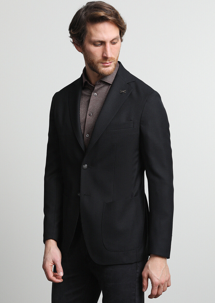 Siyah Mikro Comfort Fit %100 Yün Ceket - 1