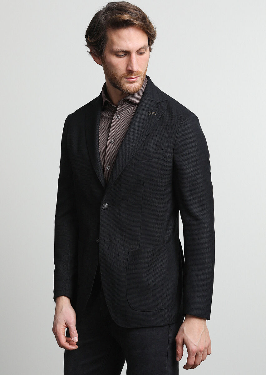 Siyah Mikro Comfort Fit %100 Yün Ceket - 1