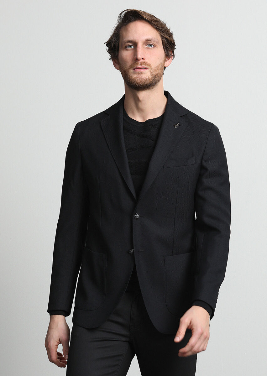 Siyah Mikro Comfort Fit %100 Yün Ceket - 1