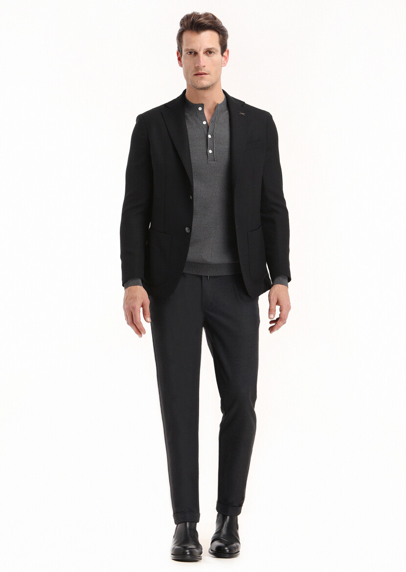 Siyah Mikro Comfort Fit %100 Yün Ceket - 1