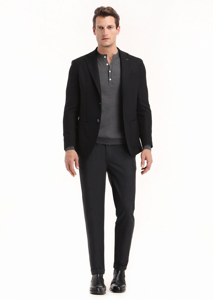 Siyah Mikro Comfort Fit %100 Yün Ceket - 1