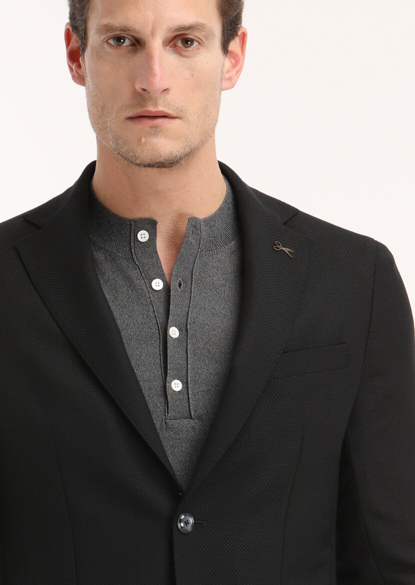 Siyah Mikro Comfort Fit %100 Yün Ceket - 2