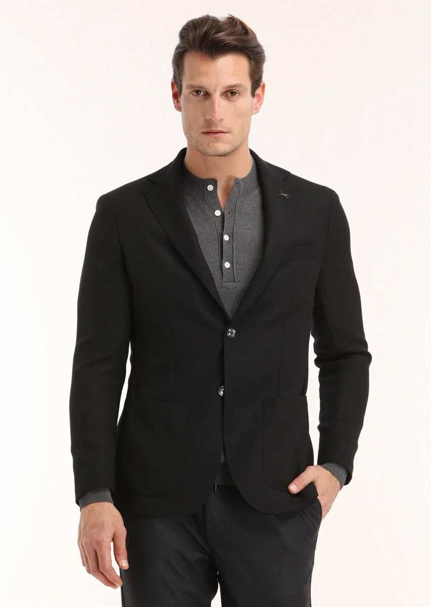 Siyah Mikro Comfort Fit %100 Yün Ceket - 3