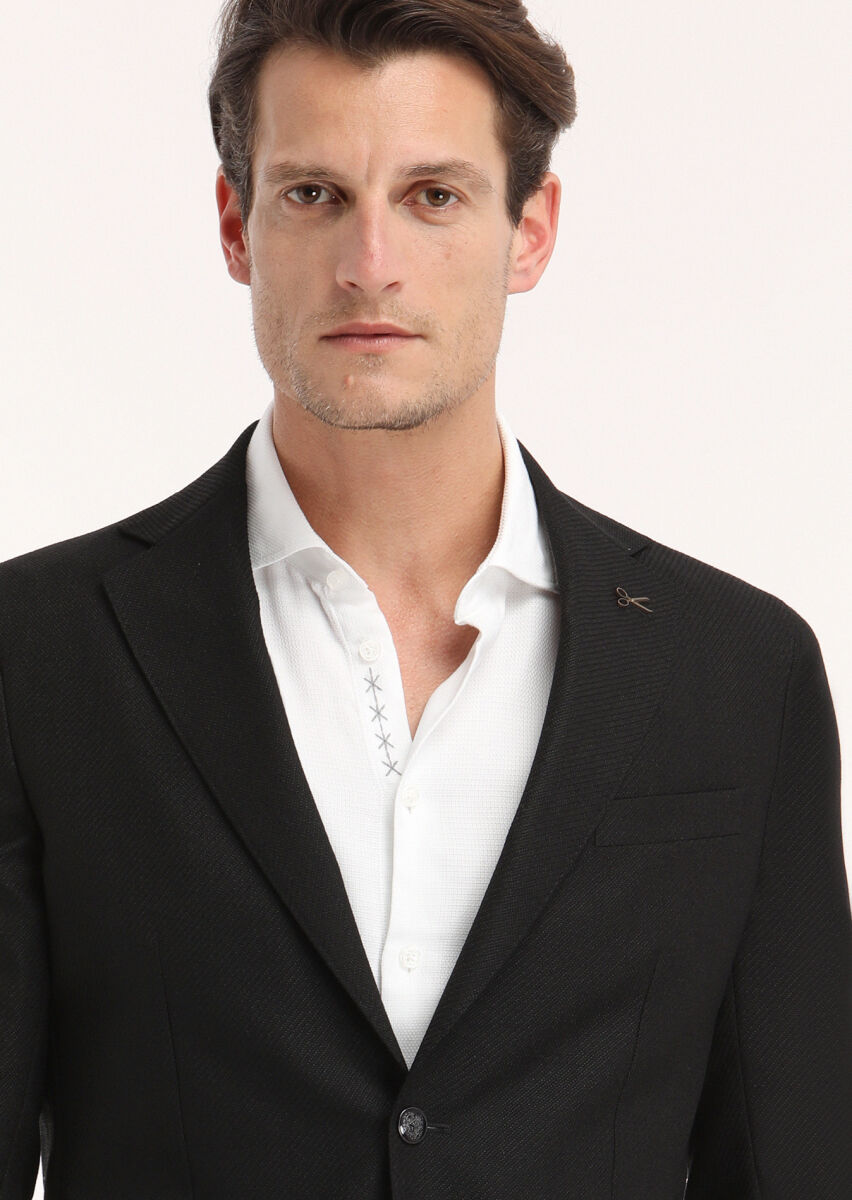 Siyah Mikro Comfort Fit %100 Yün Ceket - 2