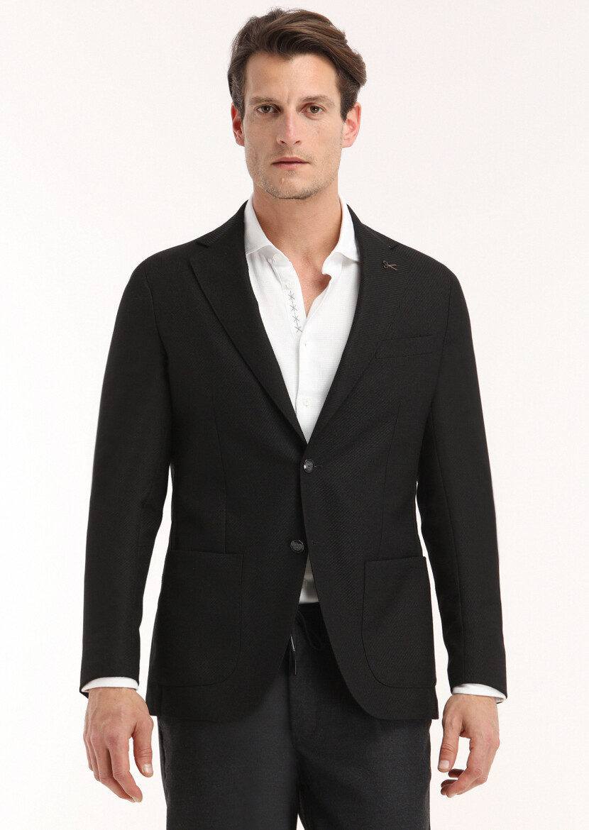 Siyah Mikro Comfort Fit %100 Yün Ceket - 3
