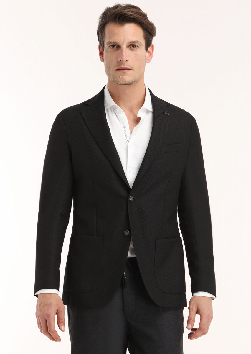 Siyah Mikro Comfort Fit %100 Yün Ceket - 3