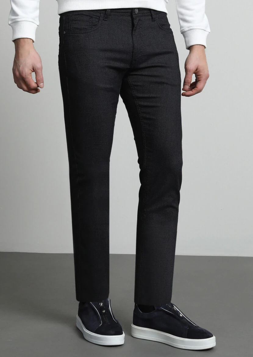 Siyah Mikro Dokuma Slim Fit Casual Pamuk Karışımlı Pantolon - 3