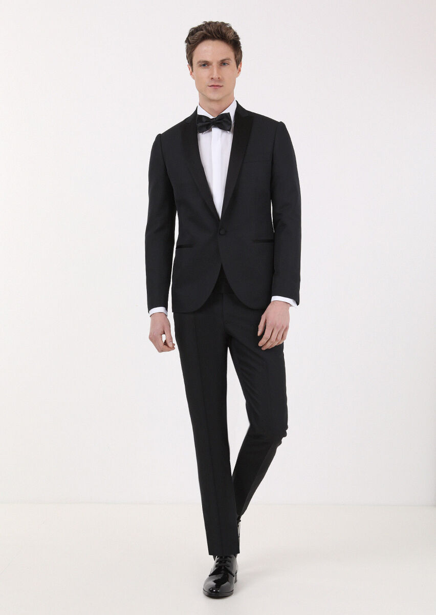 RAMSEY Siyah Mikro Fashion Slim Fit Kruvaze Yaka Dokuma Smokin Takım Elbise