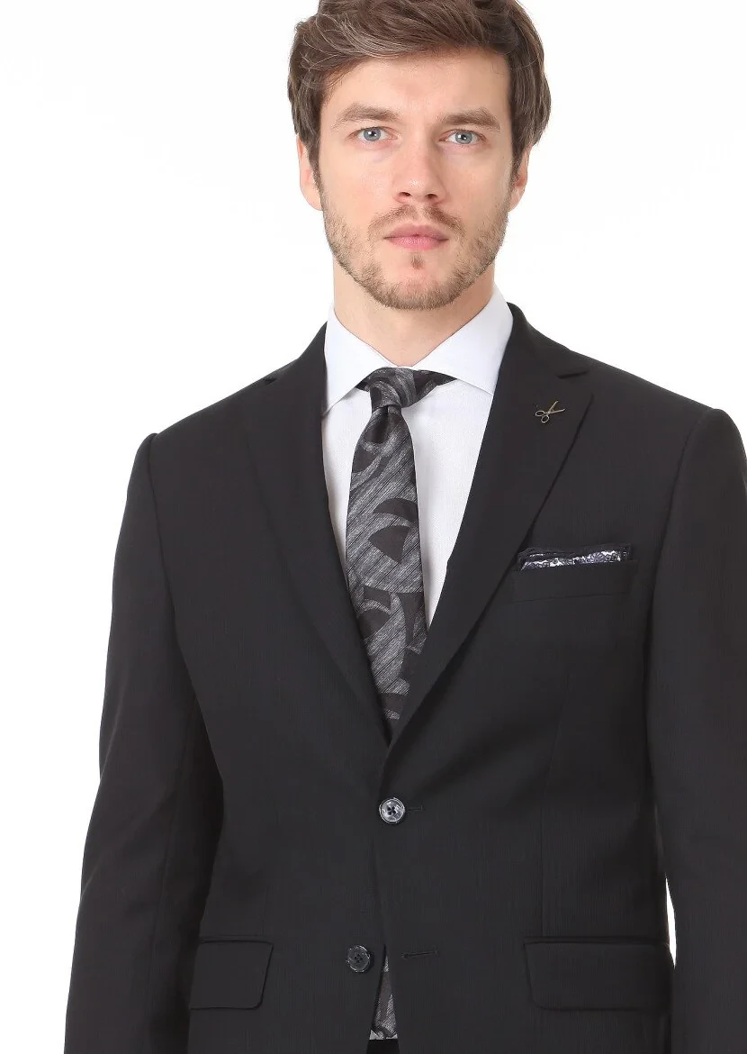 Siyah Mikro Modern Fit %100 Yün Takım Elbise - 2