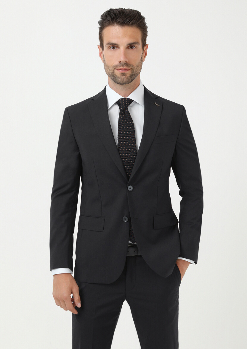 Siyah Mikro Modern Fit %100 Yün Takım Elbise 