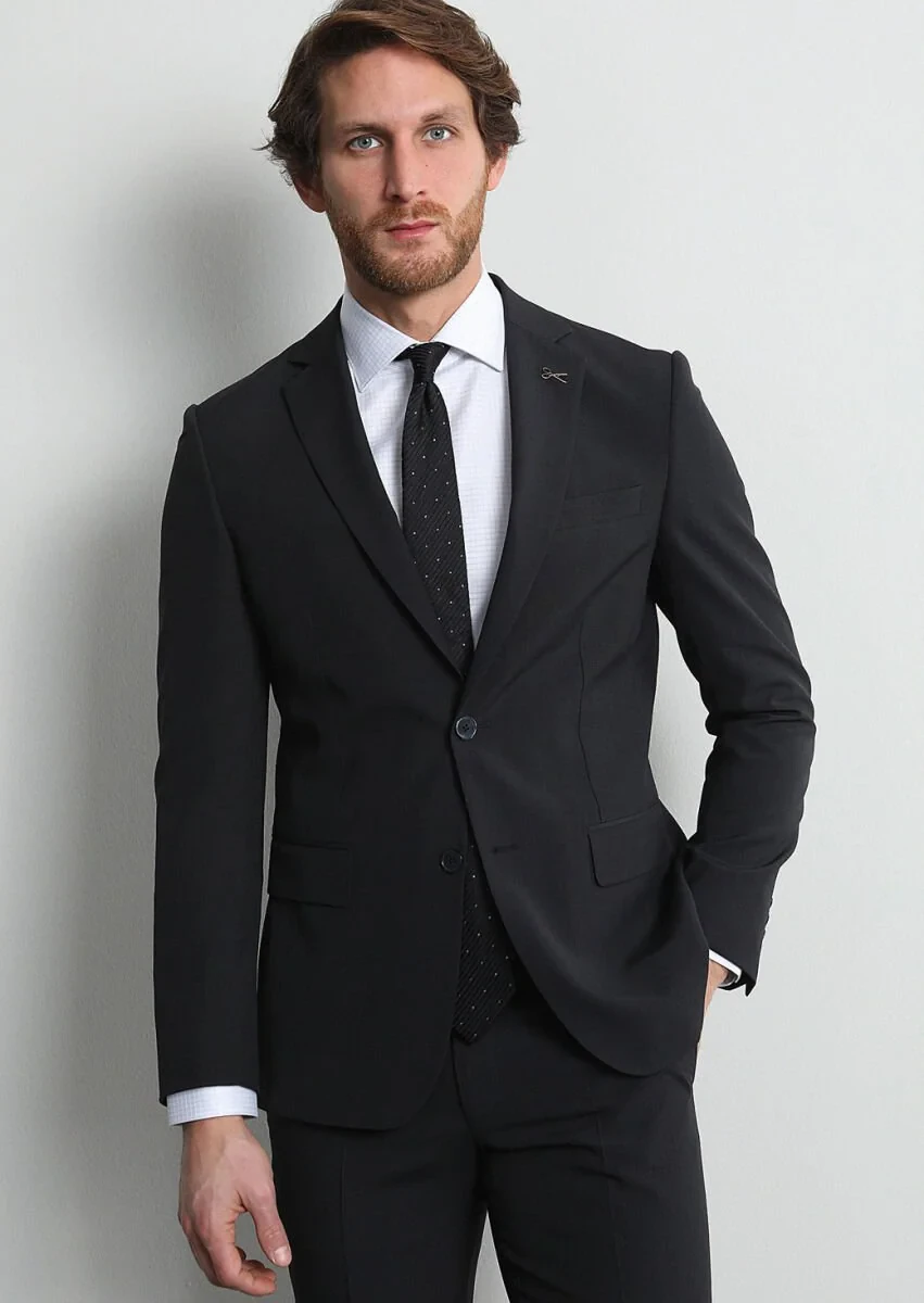 Siyah Mikro Modern Fit %100 Yün Takım Elbise - 1
