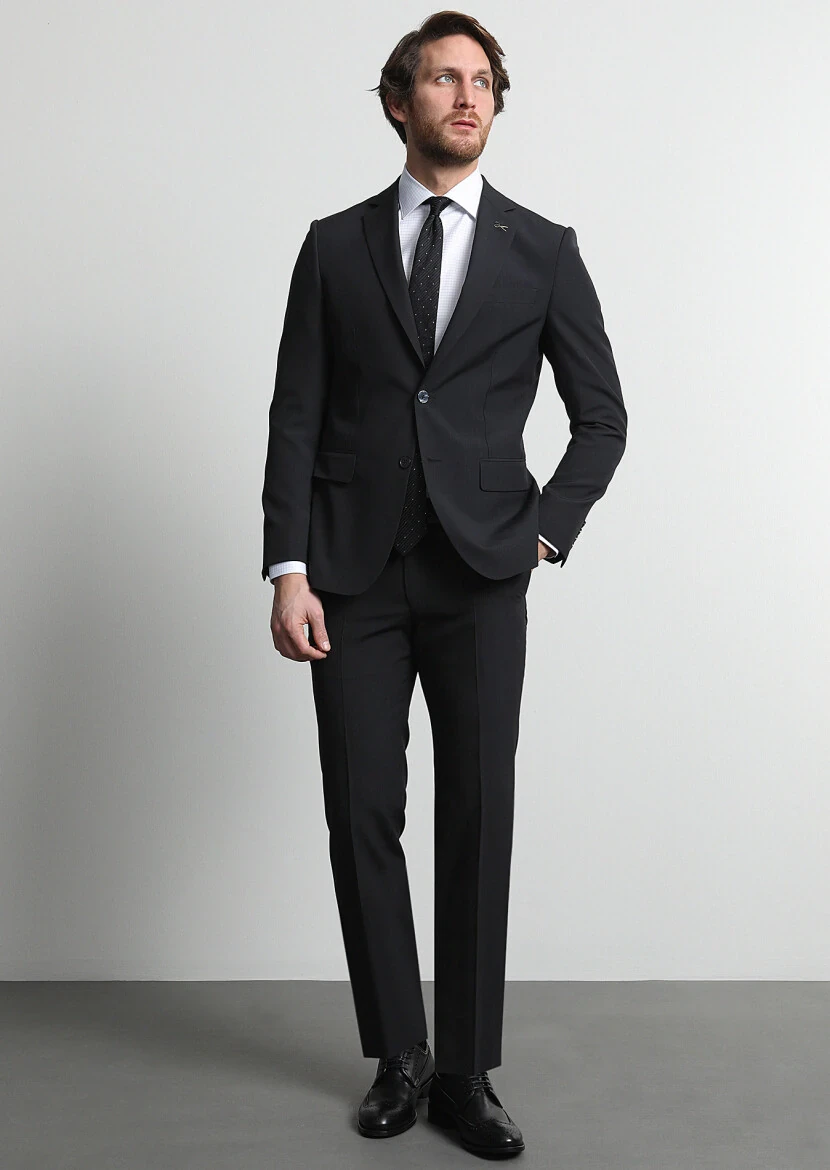 Siyah Mikro Modern Fit %100 Yün Takım Elbise - 3