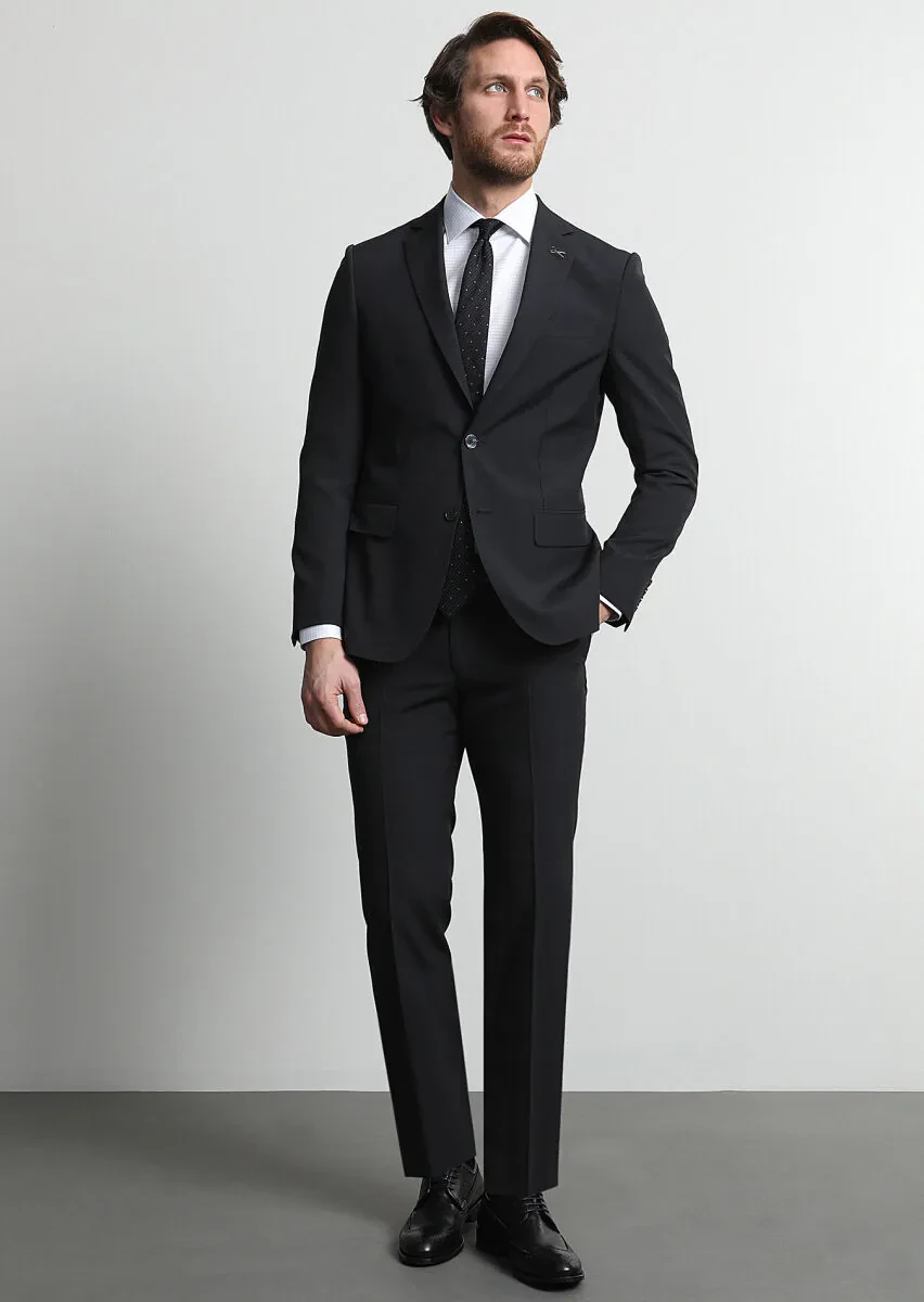 Siyah Mikro Modern Fit %100 Yün Takım Elbise - 3