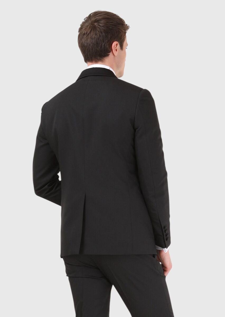 Siyah Mikro Modern Fit Şal Yaka Dokuma Smokin Takım Elbise - 4