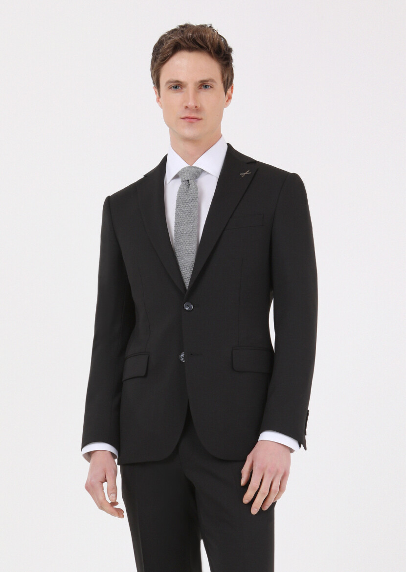 Siyah Mikro Modern Fit Yün Karışımlı Takım Elbise - 2