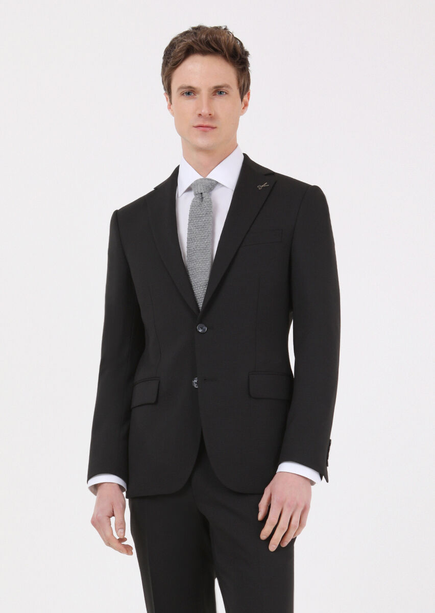 Siyah Mikro Modern Fit Yün Karışımlı Takım Elbise - 2
