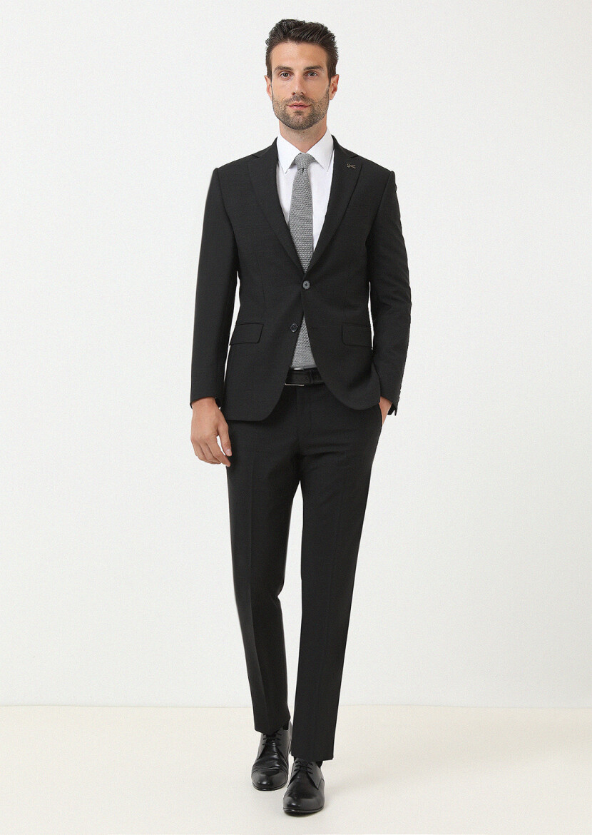 Siyah Mikro Modern Fit Yün Karışımlı Takım Elbise 
