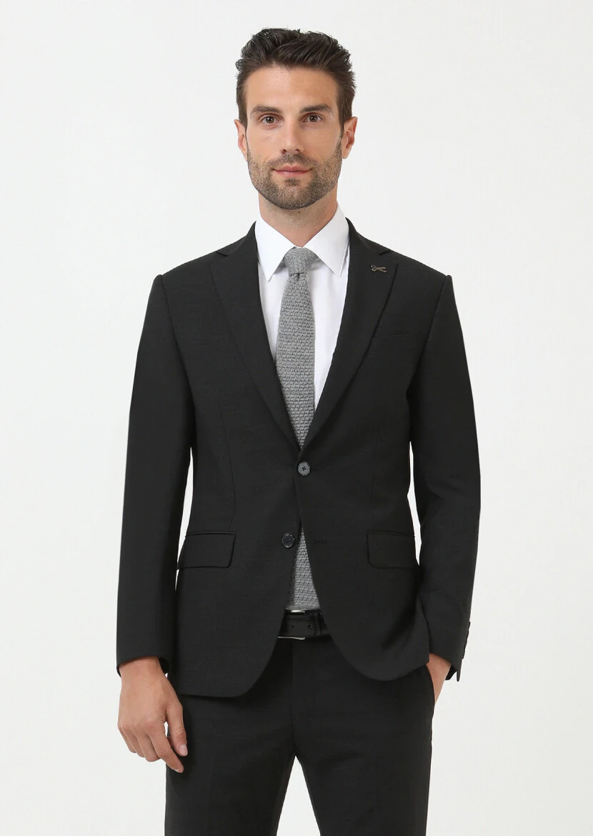 Siyah Mikro Modern Fit Yün Karışımlı Takım Elbise - 2