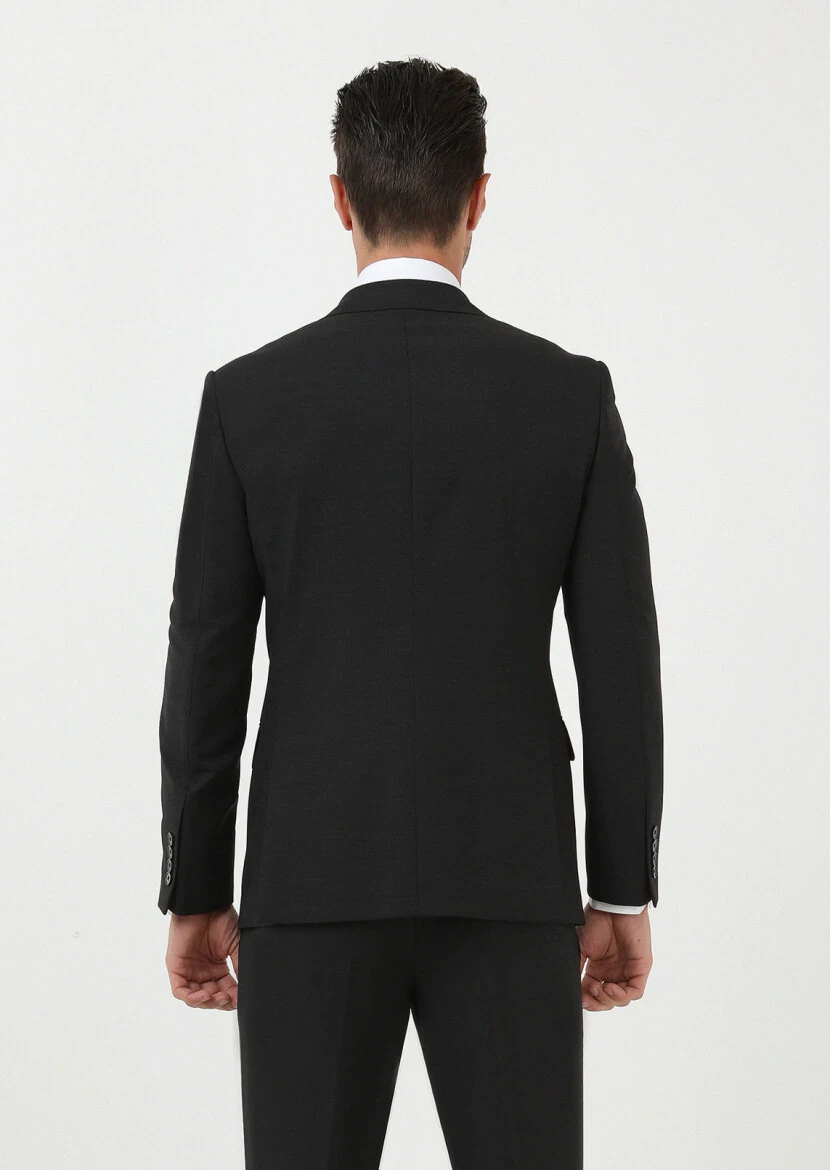 Siyah Mikro Modern Fit Yün Karışımlı Takım Elbise - 4