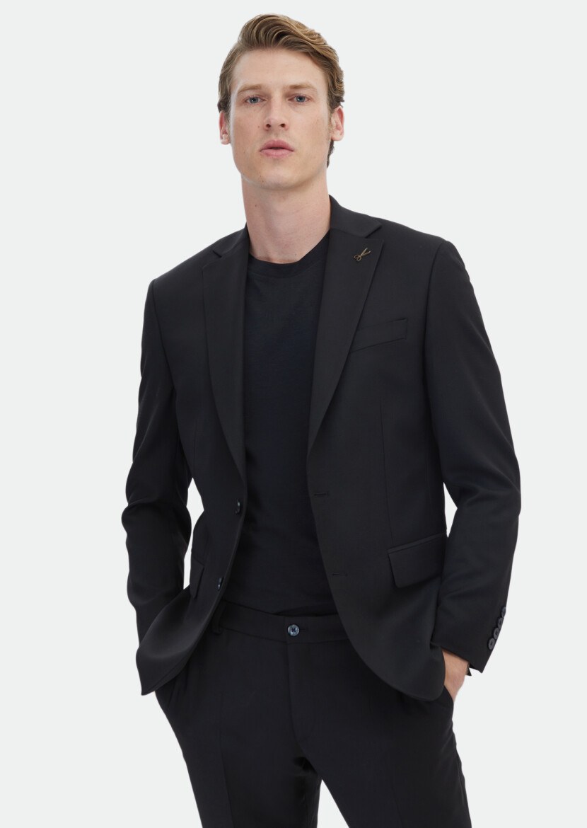 Siyah Mikro Modern Fit Yün Karışımlı Takım Elbise 
