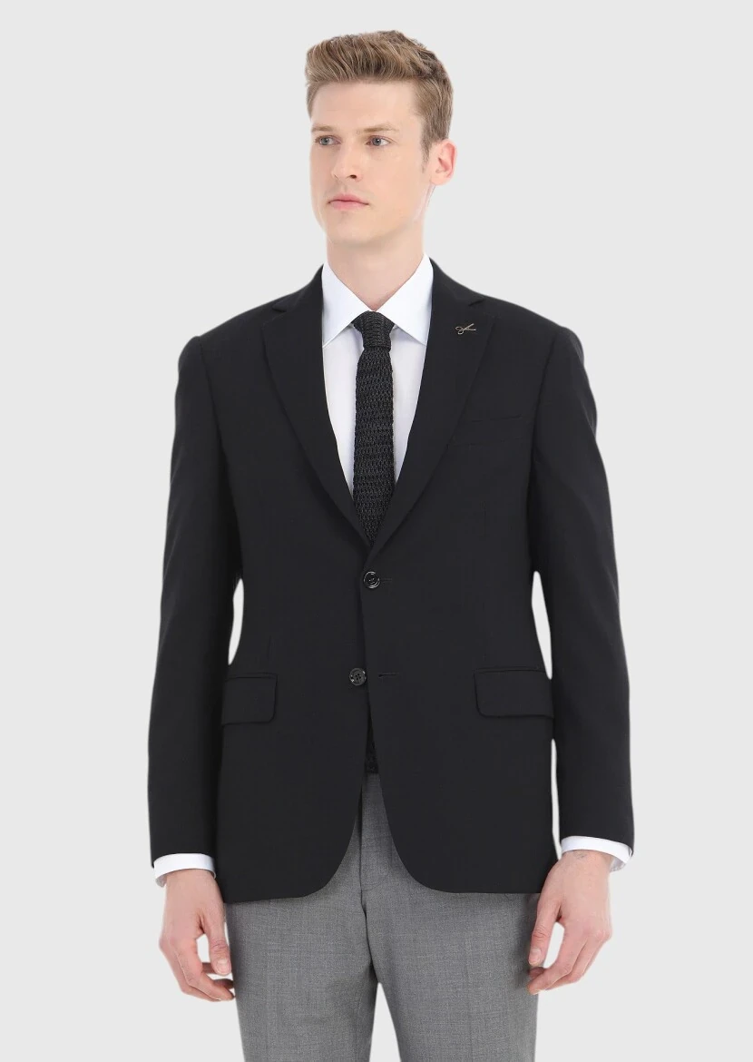 Siyah Mikro Regular Fit %100 Yün Ceket - 2