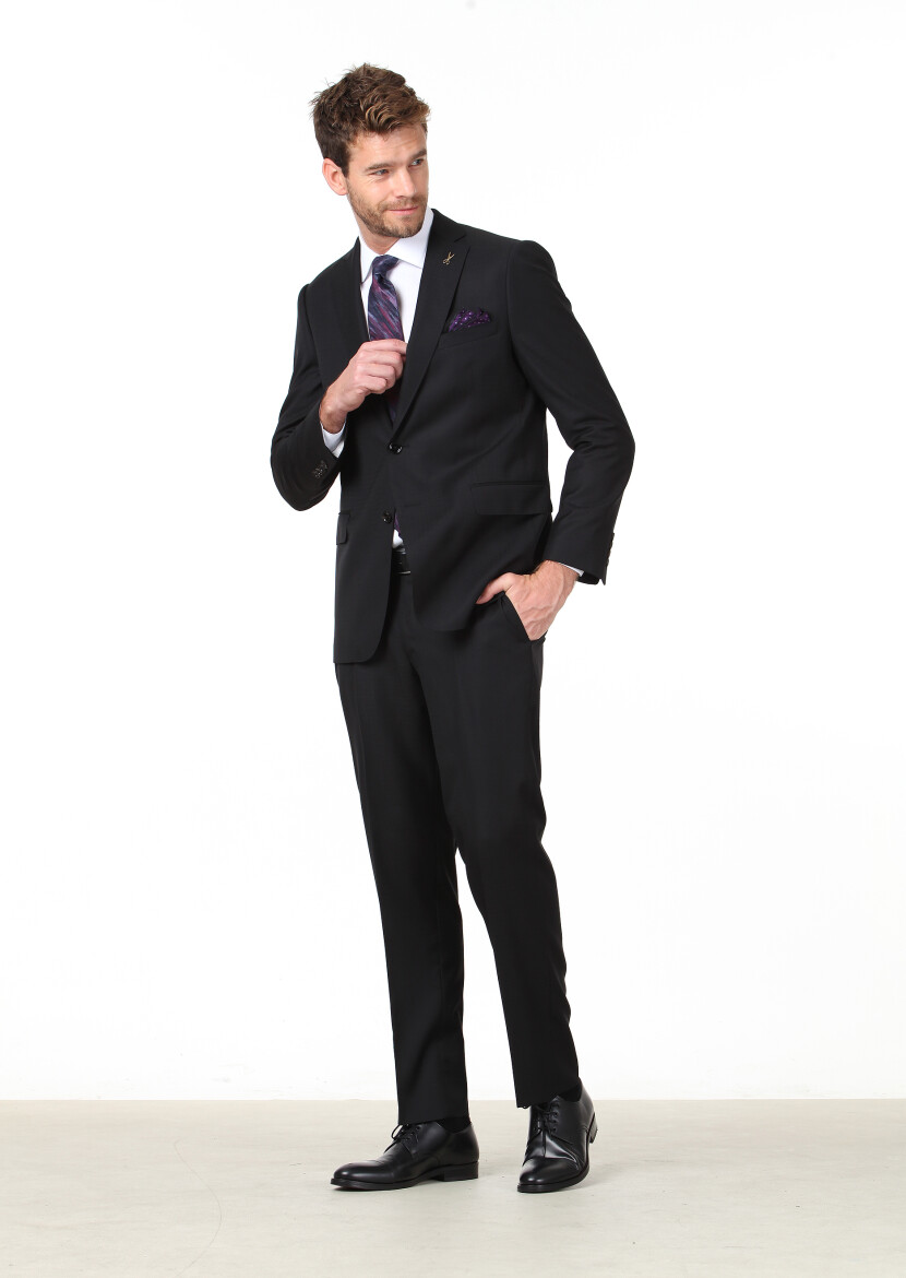 Siyah Mikro Regular Fit %100 Yün Takım Elbise - 2