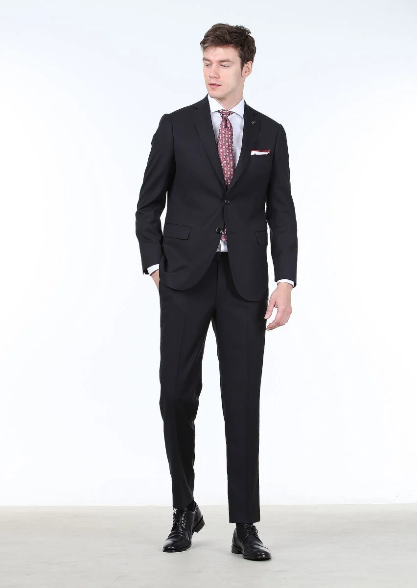 Siyah Mikro Regular Fit %100 Yün Takım Elbise - 1