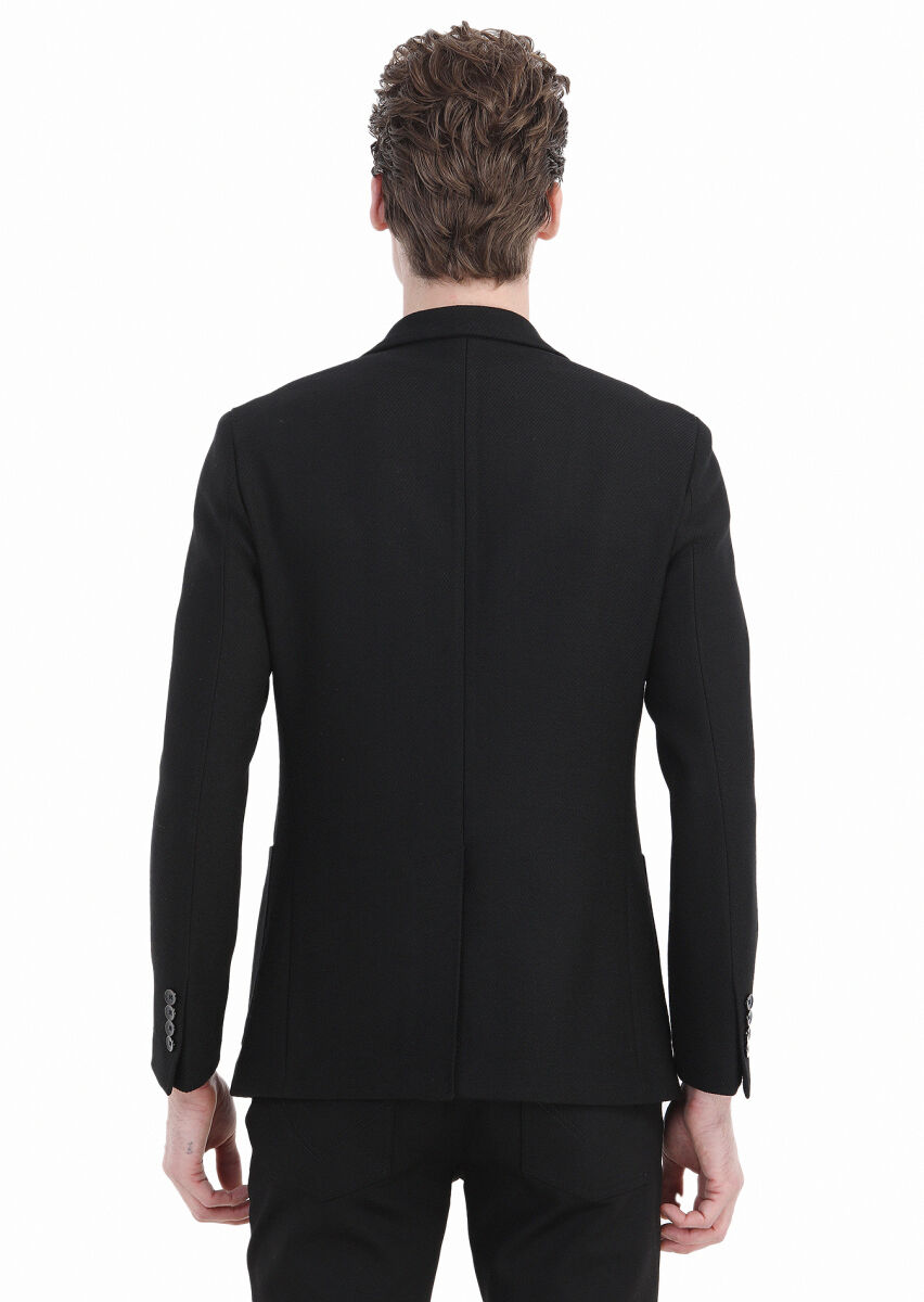 Siyah Mikro Shirt Shoulder Slim Fit İpek Karışımlı Ceket - 5