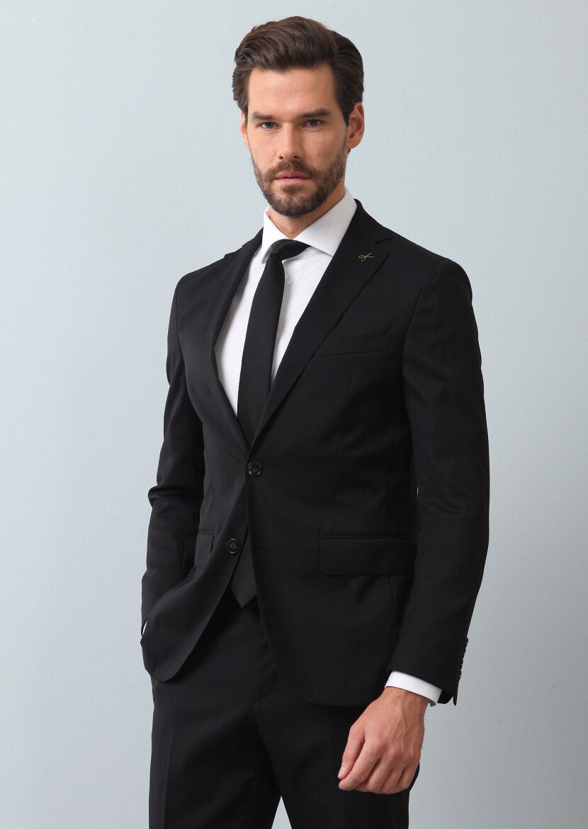 Siyah Mikro Shirt Shoulder-slim Fit Yün Karışımlı Takım Elbise - 4