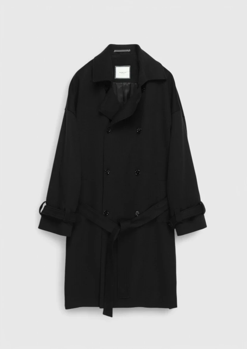 Siyah Oversize Fit Kruvaze Yaka Casual Dokuma Palto 